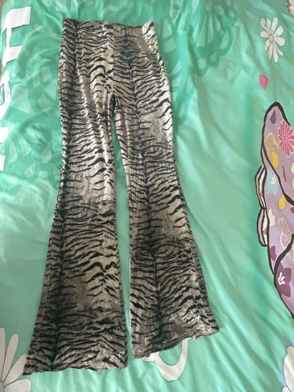 SHEIN Black and Silver Tiger Print Velvet Boot Cut Pants